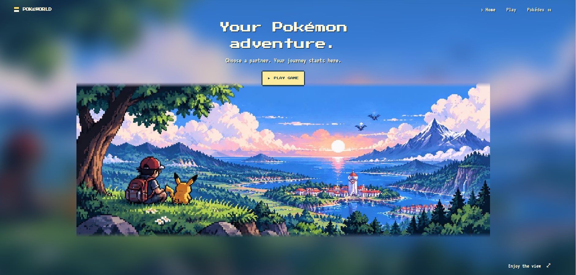 A trainer and Pikachu overlooking a coastal town and distant mountains at sunset.